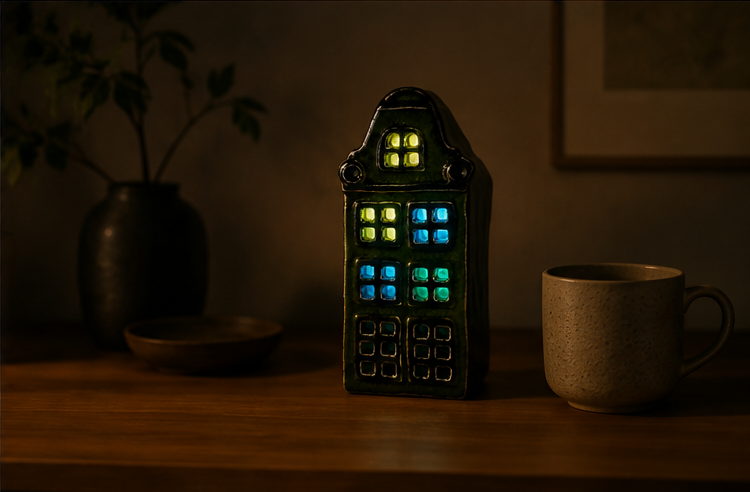 Solandris 1 glowing in a darkened room after dusk, beside a stoneware mug and a dark vase.