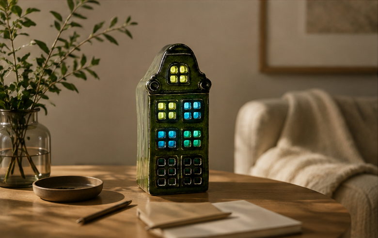 Solandris 1 on a round living-room table with a glass vase of foliage, a notebook and a blanketed armchair behind.