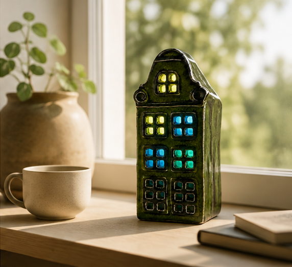 Solandris 1 on a sunlit windowsill beside a mug and a potted plant, daylight and greenery behind it.