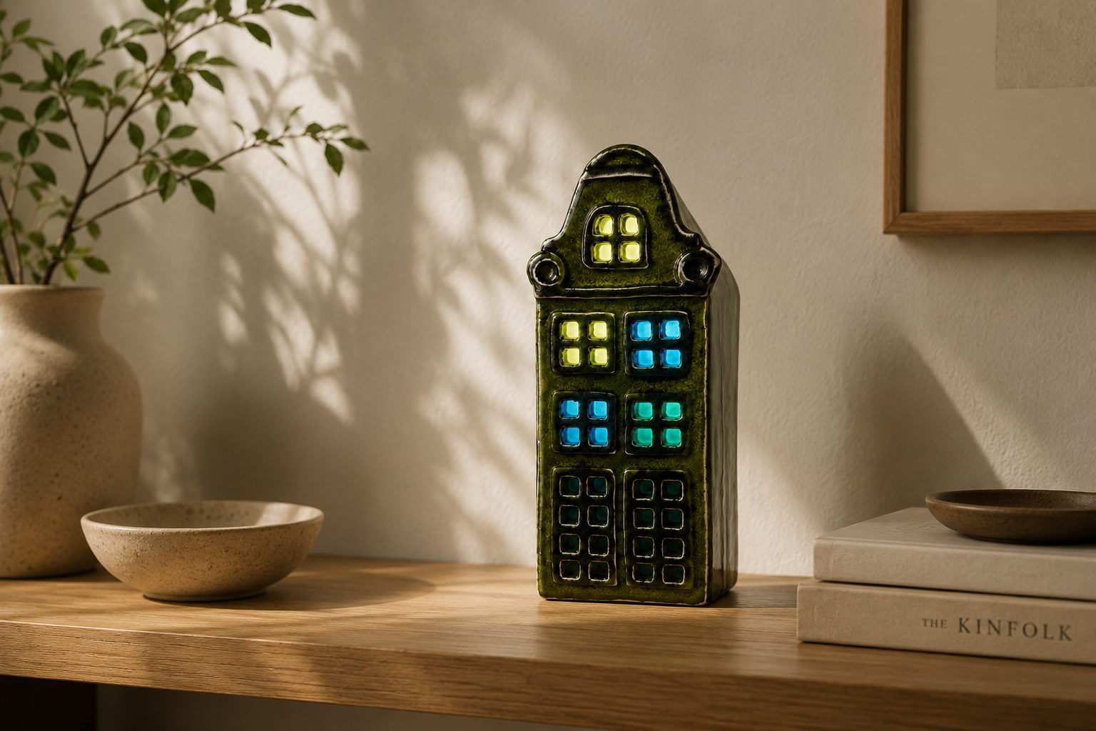 Solandris 1 on an oak console: a glazed green ceramic house whose windows glow yellow, blue and teal, beside a stoneware vase and a stack of books.
